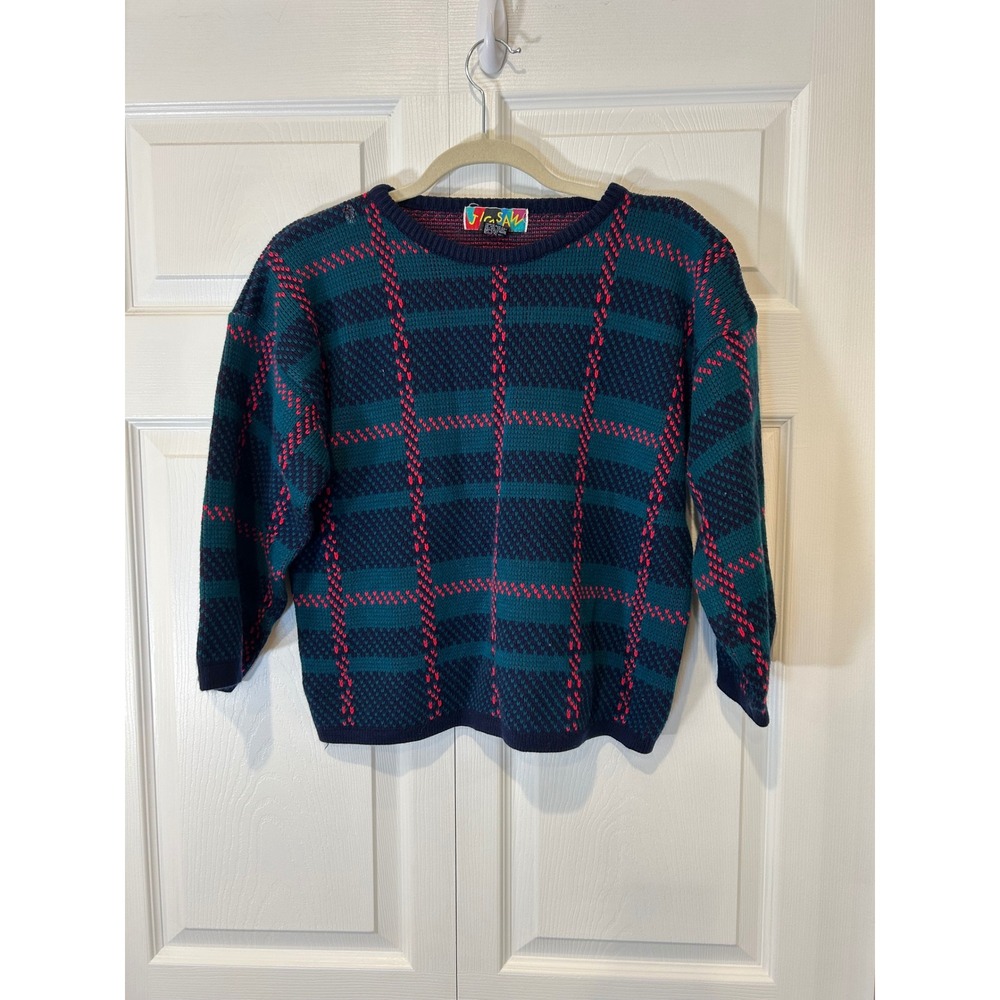 Jigsaw Sweater Womens M Teal Green Pink Argyle Plaid Vtg Cropped Acrylic